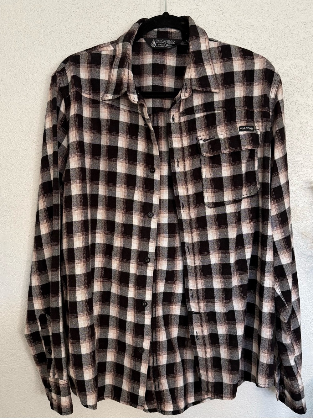 Volcom Men's Black, White and Brown Plaid Button-Up Shirt
